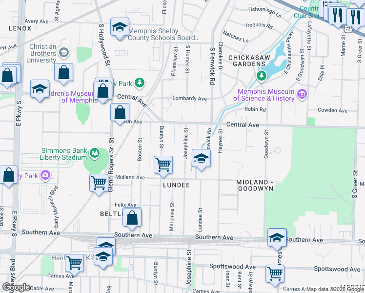 map of restaurants, bars, coffee shops, grocery stores, and more near 352 Marianna Street in Memphis