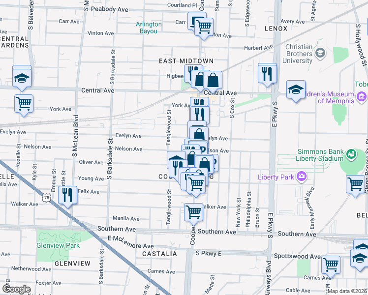 map of restaurants, bars, coffee shops, grocery stores, and more near 2089 Evelyn Avenue in Memphis