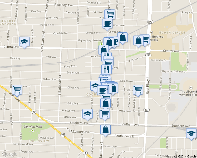 map of restaurants, bars, coffee shops, grocery stores, and more near 2089 Evelyn Avenue in Memphis