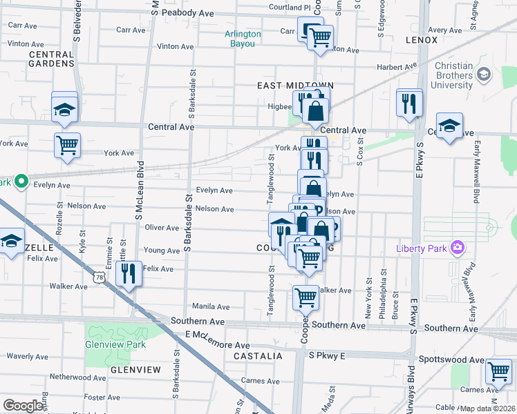 map of restaurants, bars, coffee shops, grocery stores, and more near 2051 Evelyn Avenue in Memphis