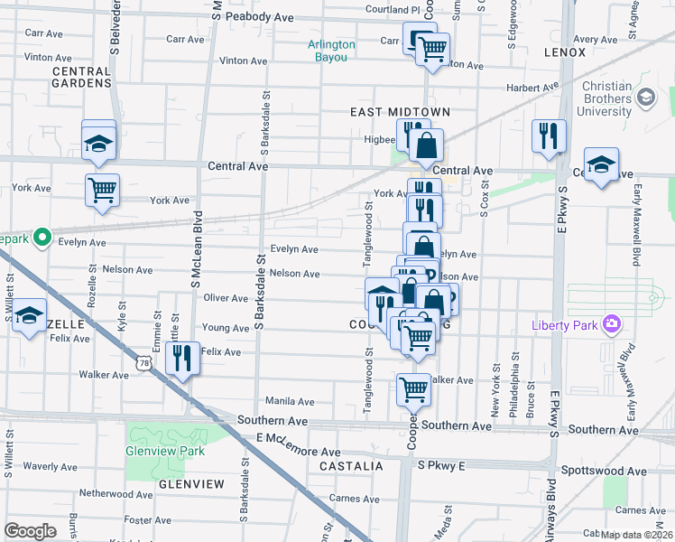 map of restaurants, bars, coffee shops, grocery stores, and more near 2005 Evelyn Avenue in Memphis