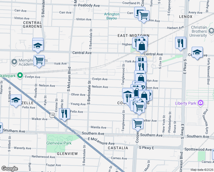 map of restaurants, bars, coffee shops, grocery stores, and more near 2005 Evelyn Avenue in Memphis