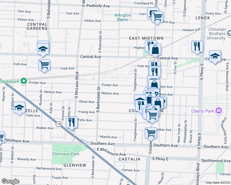 map of restaurants, bars, coffee shops, grocery stores, and more near 2005 Evelyn Avenue in Memphis