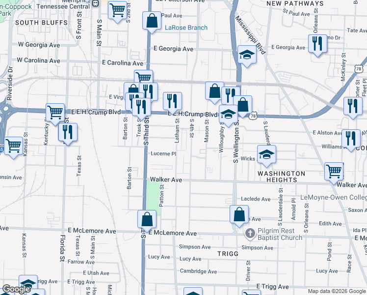 map of restaurants, bars, coffee shops, grocery stores, and more near 902 South 4th Street in Memphis
