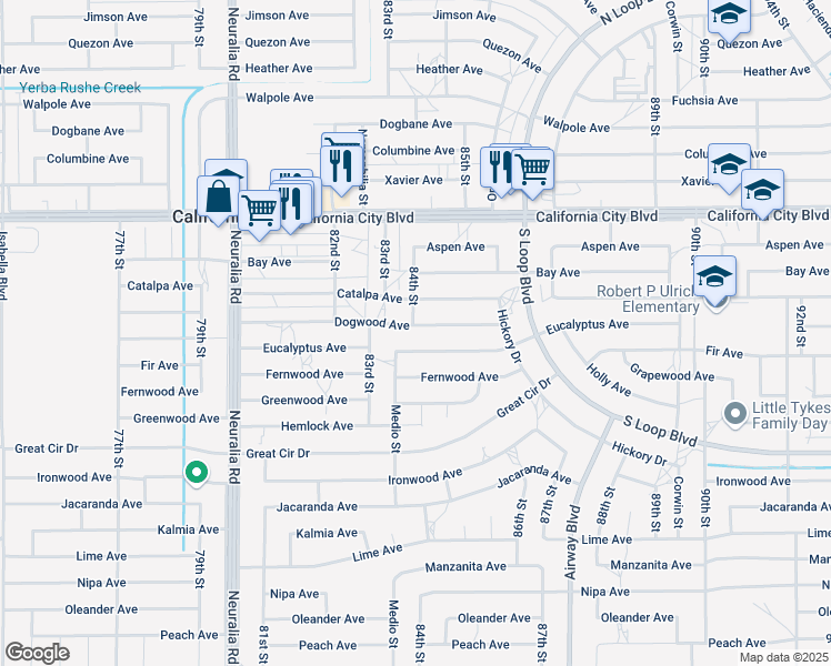 map of restaurants, bars, coffee shops, grocery stores, and more near 8372 Dogwood Avenue in California City