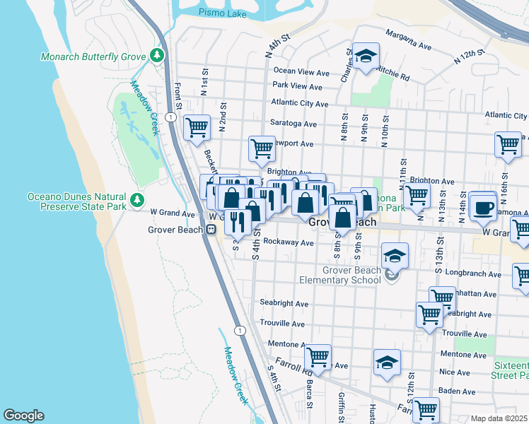 map of restaurants, bars, coffee shops, grocery stores, and more near 466 Ramona Avenue in Grover Beach