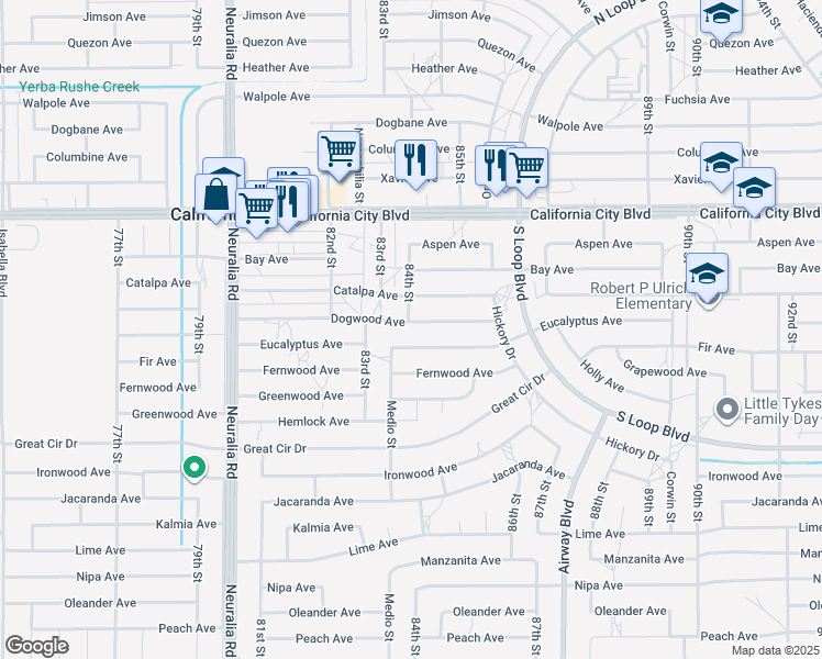 map of restaurants, bars, coffee shops, grocery stores, and more near 8372 Dogwood Avenue in California City