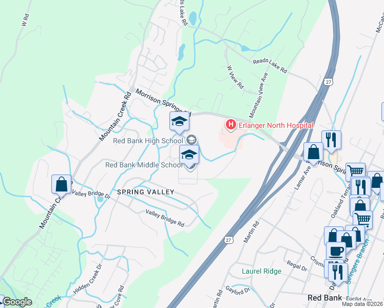 map of restaurants, bars, coffee shops, grocery stores, and more near 640 Morrison Springs Road in Chattanooga