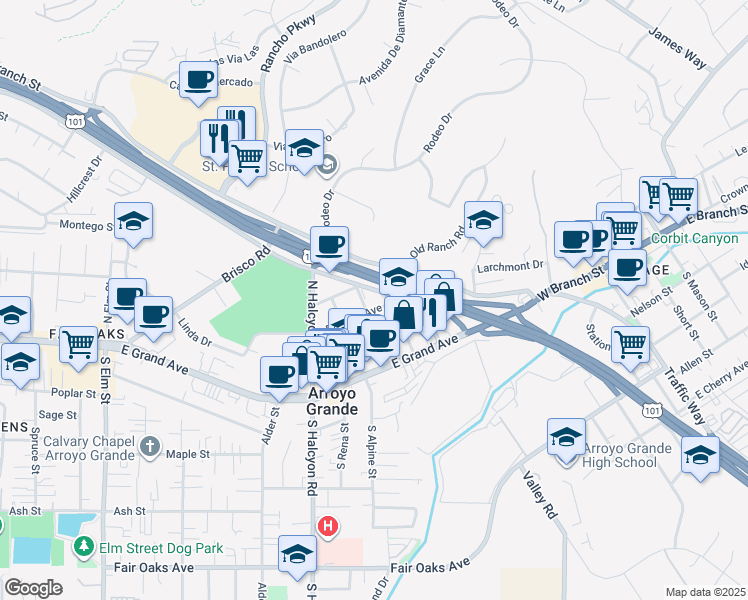 map of restaurants, bars, coffee shops, grocery stores, and more near 611 El Camino Real in Arroyo Grande