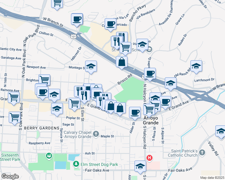 map of restaurants, bars, coffee shops, grocery stores, and more near 174 Brisco Road in Arroyo Grande