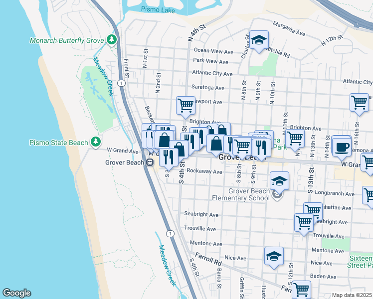 map of restaurants, bars, coffee shops, grocery stores, and more near 466 Ramona Avenue in Grover Beach