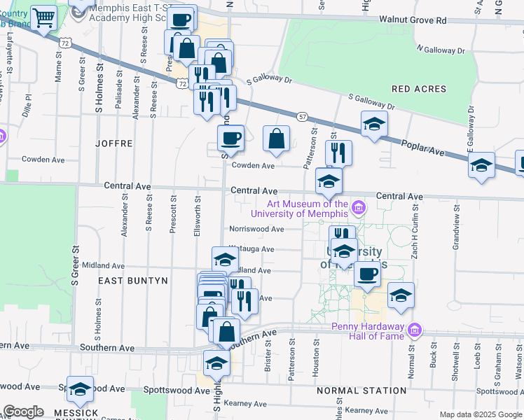 map of restaurants, bars, coffee shops, grocery stores, and more near 342 Central Cove in Memphis