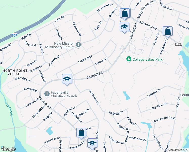 map of restaurants, bars, coffee shops, grocery stores, and more near 4736 Rosehill Road in Fayetteville