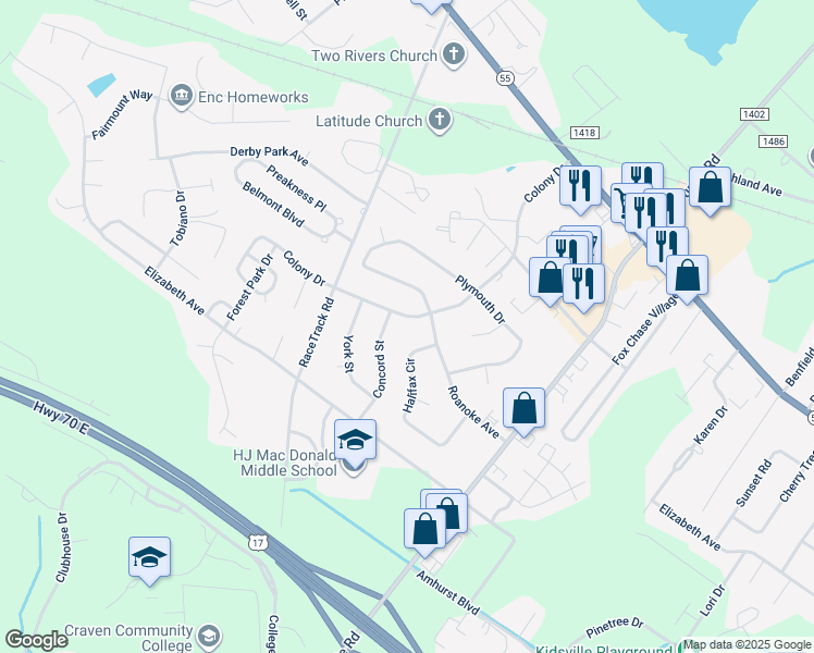 map of restaurants, bars, coffee shops, grocery stores, and more near 910 Colony Drive in New Bern