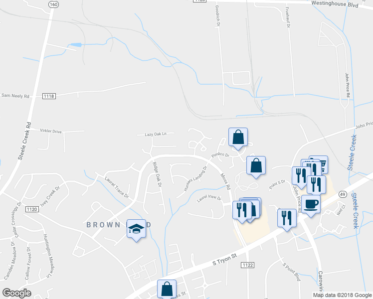 map of restaurants, bars, coffee shops, grocery stores, and more near 11156 Whitlock Crossing Court in Charlotte