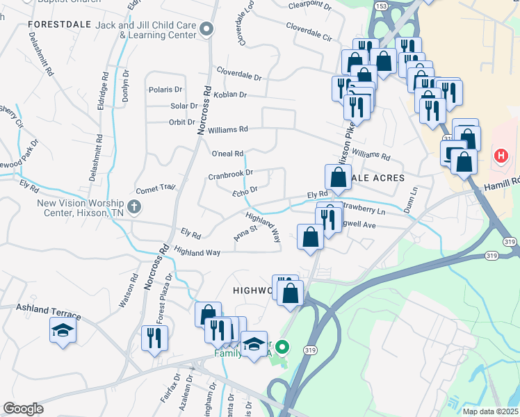 map of restaurants, bars, coffee shops, grocery stores, and more near 1434 Ely Road in Chattanooga