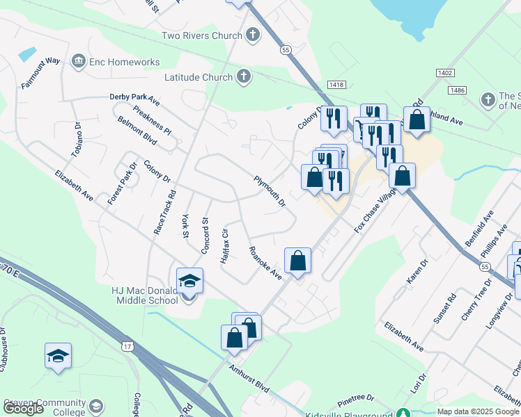map of restaurants, bars, coffee shops, grocery stores, and more near 1007 Albemarle Court in New Bern