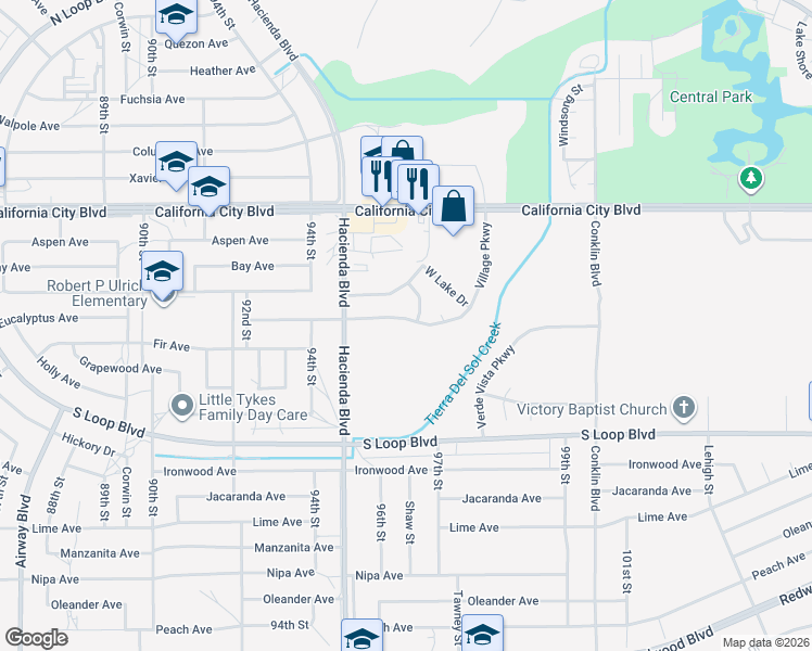 map of restaurants, bars, coffee shops, grocery stores, and more near 9591 Village Parkway in California City