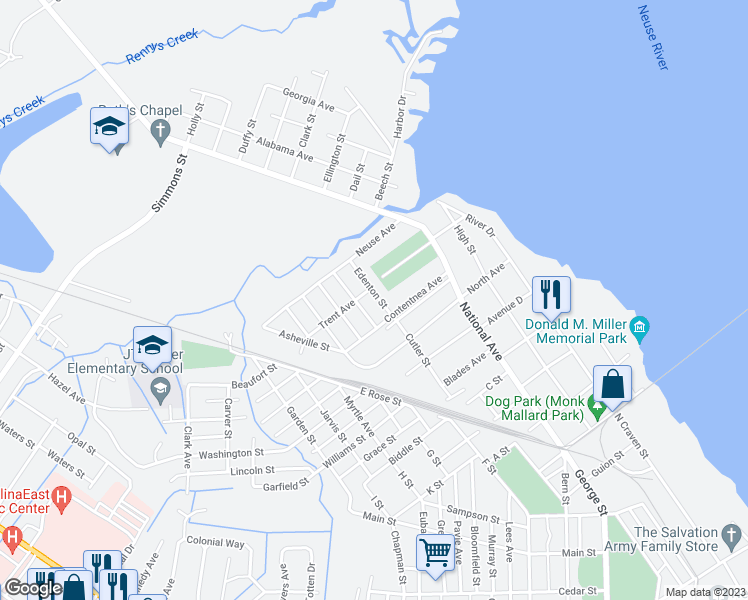 map of restaurants, bars, coffee shops, grocery stores, and more near 1709 Edenton Street in New Bern