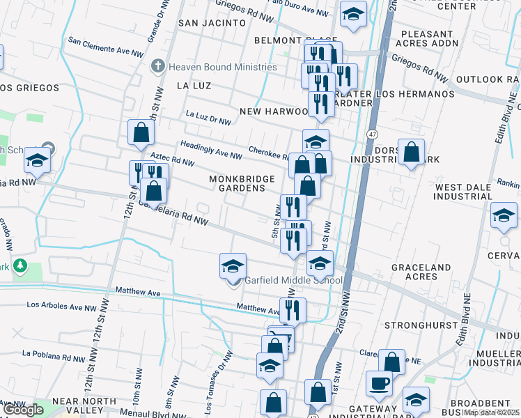 map of restaurants, bars, coffee shops, grocery stores, and more near 521 Veranda Road Northwest in Albuquerque