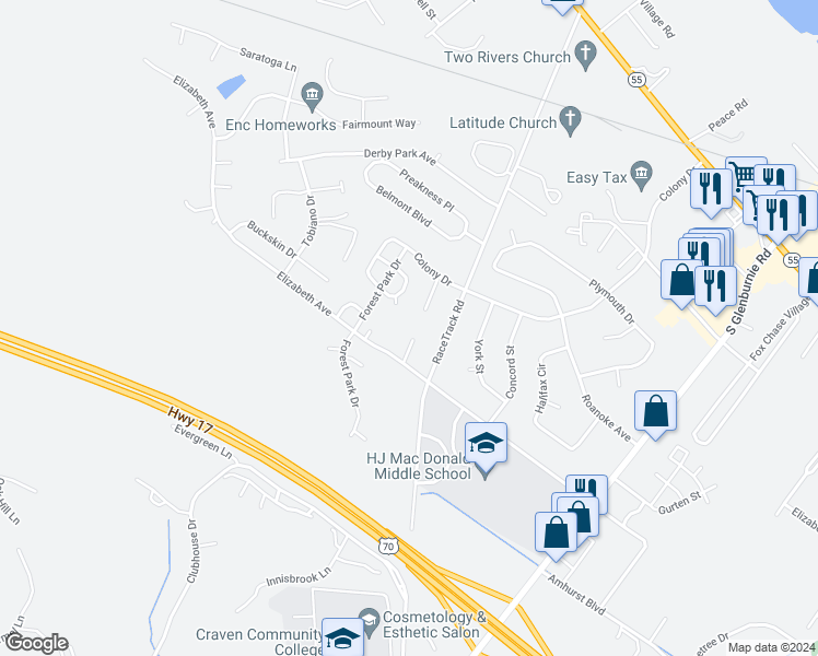 map of restaurants, bars, coffee shops, grocery stores, and more near 1513 Fairfax Lane in New Bern
