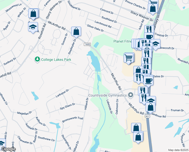 map of restaurants, bars, coffee shops, grocery stores, and more near 443 Crystal Drive in Fayetteville