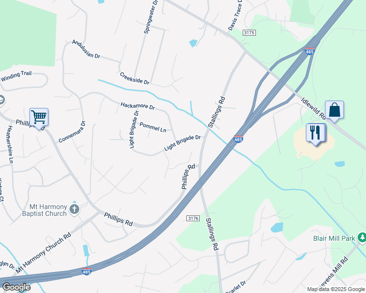 map of restaurants, bars, coffee shops, grocery stores, and more near 1927 Light Brigade Drive in Matthews