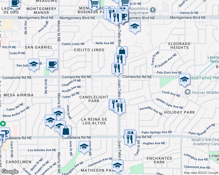 map of restaurants, bars, coffee shops, grocery stores, and more near 10800 Comanche Road Northeast in Albuquerque