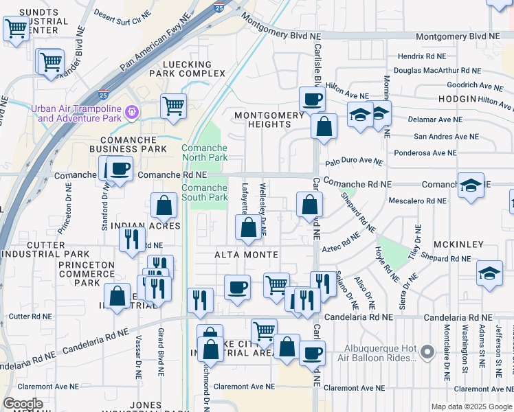 map of restaurants, bars, coffee shops, grocery stores, and more near 3613 Wellesley Drive Northeast in Albuquerque