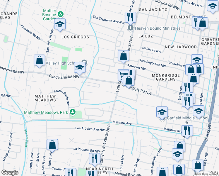 map of restaurants, bars, coffee shops, grocery stores, and more near 1208A Candelaria Road Northwest in Albuquerque