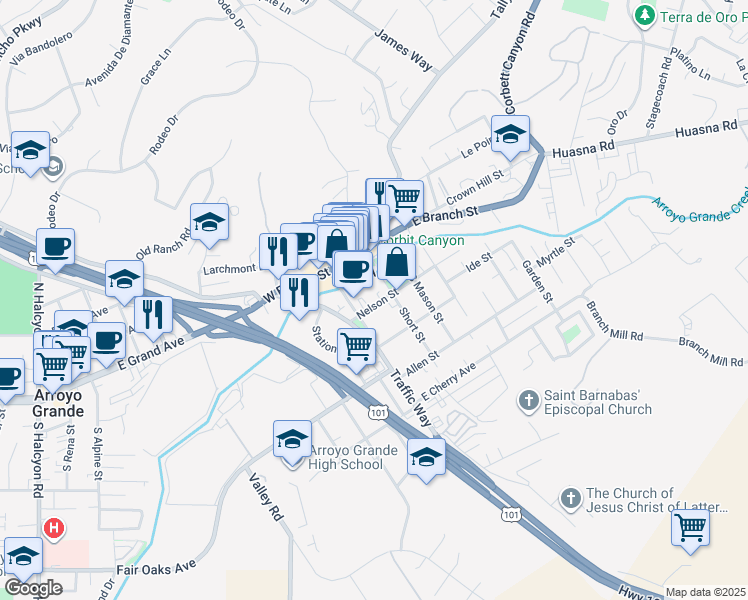map of restaurants, bars, coffee shops, grocery stores, and more near in Arroyo Grande