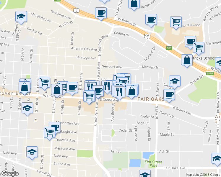 map of restaurants, bars, coffee shops, grocery stores, and more near 1936 Brighton Avenue in Grover Beach