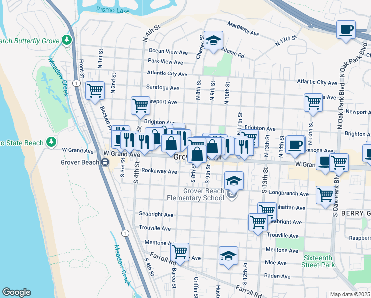 map of restaurants, bars, coffee shops, grocery stores, and more near 192 North 7th Street in Grover Beach