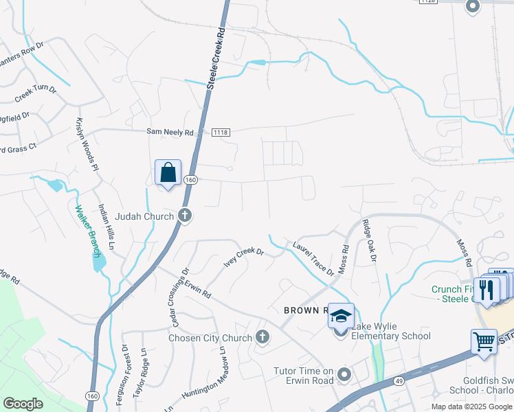 map of restaurants, bars, coffee shops, grocery stores, and more near 12822-13098 Virkler Drive in Charlotte