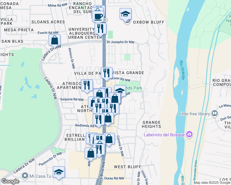 map of restaurants, bars, coffee shops, grocery stores, and more near 3613 Yucca Drive Northwest in Albuquerque