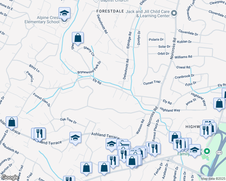 map of restaurants, bars, coffee shops, grocery stores, and more near 946 Ely Road in Chattanooga