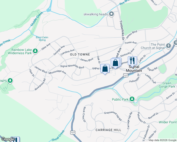 map of restaurants, bars, coffee shops, grocery stores, and more near 622 Signal Mountain Boulevard in Signal Mountain