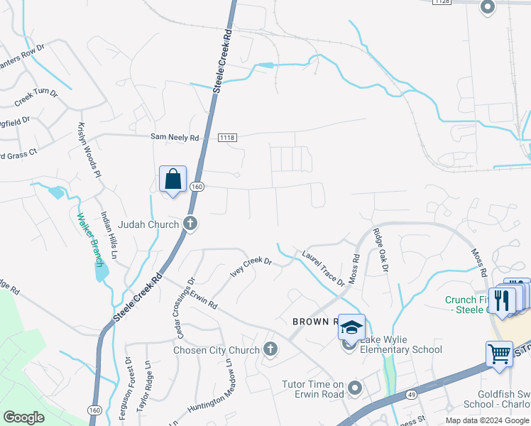map of restaurants, bars, coffee shops, grocery stores, and more near 12830 Virkler Drive in Charlotte