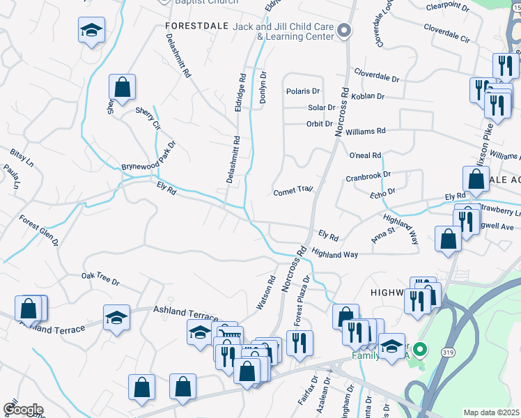 map of restaurants, bars, coffee shops, grocery stores, and more near 1331 Ely Road in Chattanooga