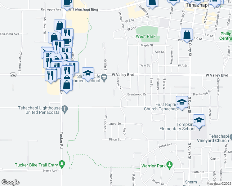 map of restaurants, bars, coffee shops, grocery stores, and more near 910 Golden West Court in Tehachapi