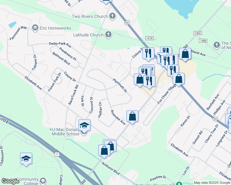 map of restaurants, bars, coffee shops, grocery stores, and more near 1007 Albemarle Court in New Bern