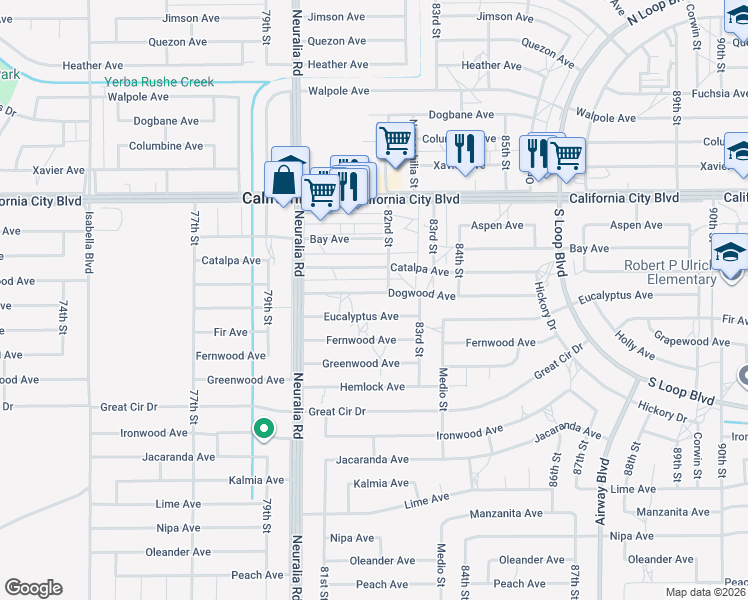map of restaurants, bars, coffee shops, grocery stores, and more near 8164 Dogwood Avenue in California City