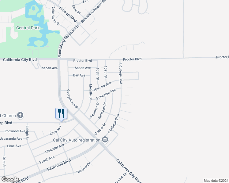 map of restaurants, bars, coffee shops, grocery stores, and more near 20700 Cooper Drive in California City