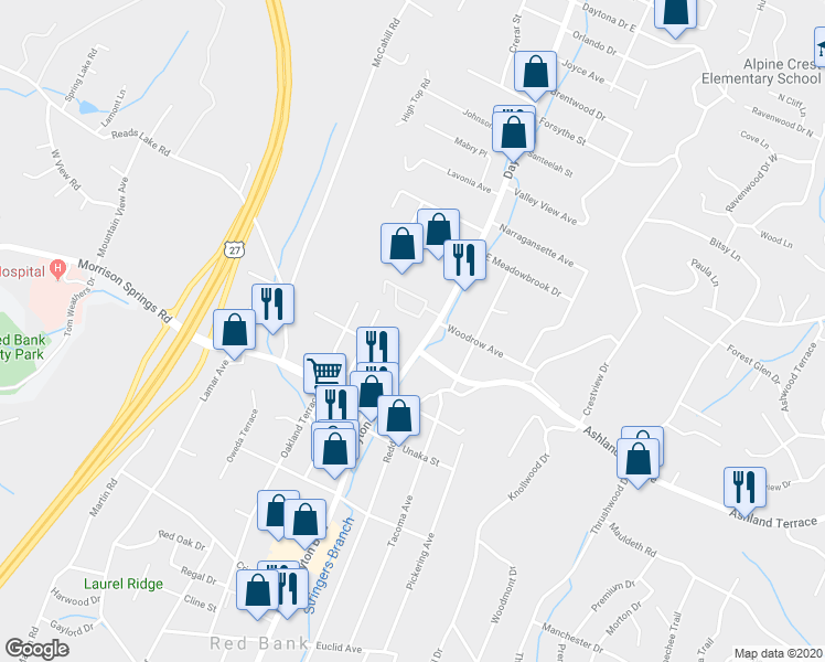 map of restaurants, bars, coffee shops, grocery stores, and more near 4039 Dayton Boulevard in Red Bank