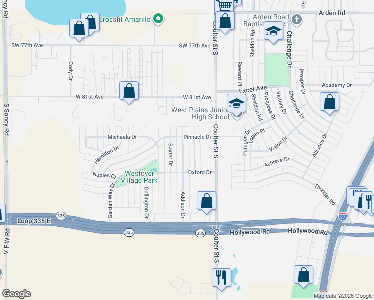 map of restaurants, bars, coffee shops, grocery stores, and more near 8406 English Bay Parkway in Amarillo