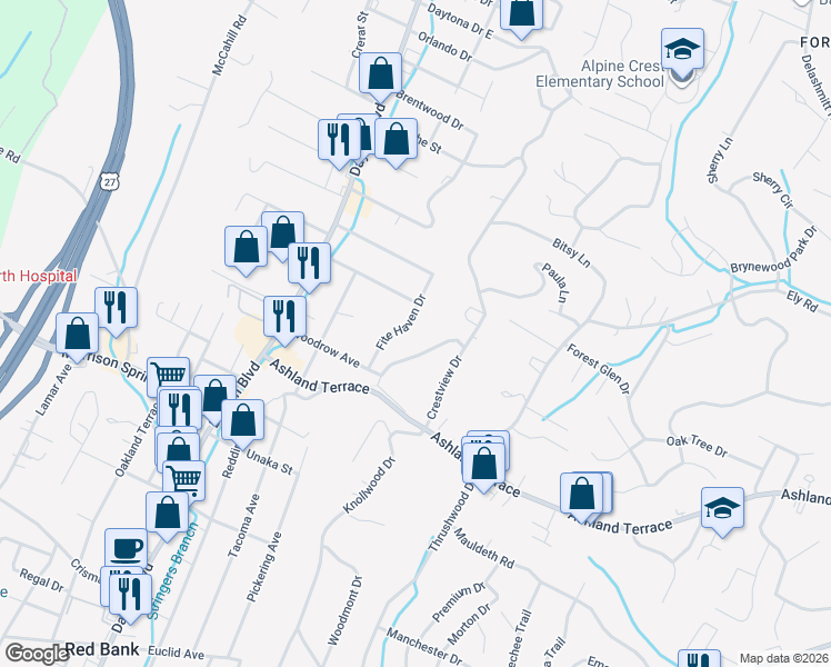 map of restaurants, bars, coffee shops, grocery stores, and more near 4124 Fitehaven Drive in Chattanooga