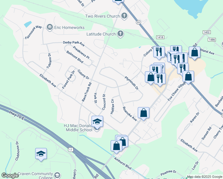 map of restaurants, bars, coffee shops, grocery stores, and more near 910 Colony Drive in New Bern