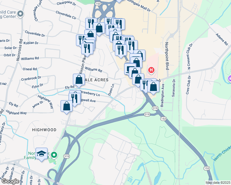 map of restaurants, bars, coffee shops, grocery stores, and more near 1903 Dupont Street in Chattanooga