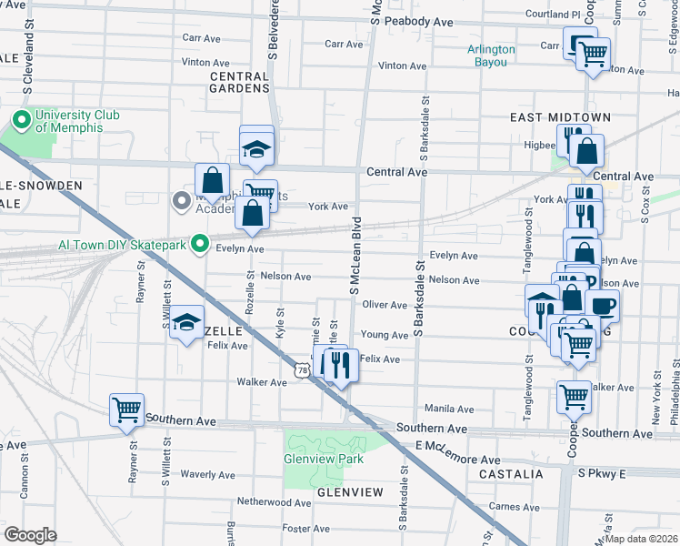 map of restaurants, bars, coffee shops, grocery stores, and more near 1824 Nelson Avenue in Memphis