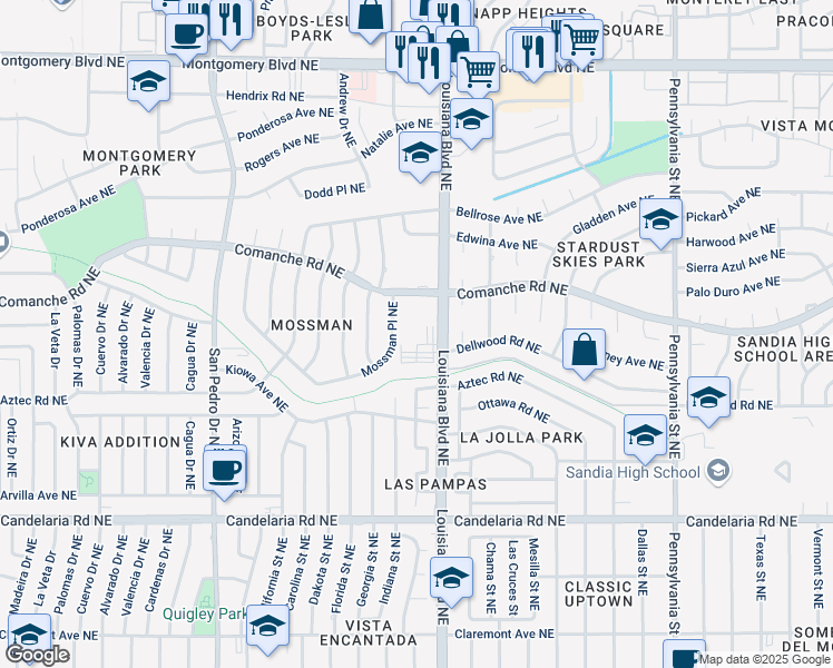 map of restaurants, bars, coffee shops, grocery stores, and more near 3315 Louisiana Boulevard Northeast in Albuquerque